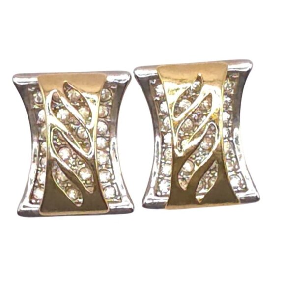 Gold & Silver Tone Stud Clip-On Earrings With Slot Design & Rhinestones - Picture 3 of 4